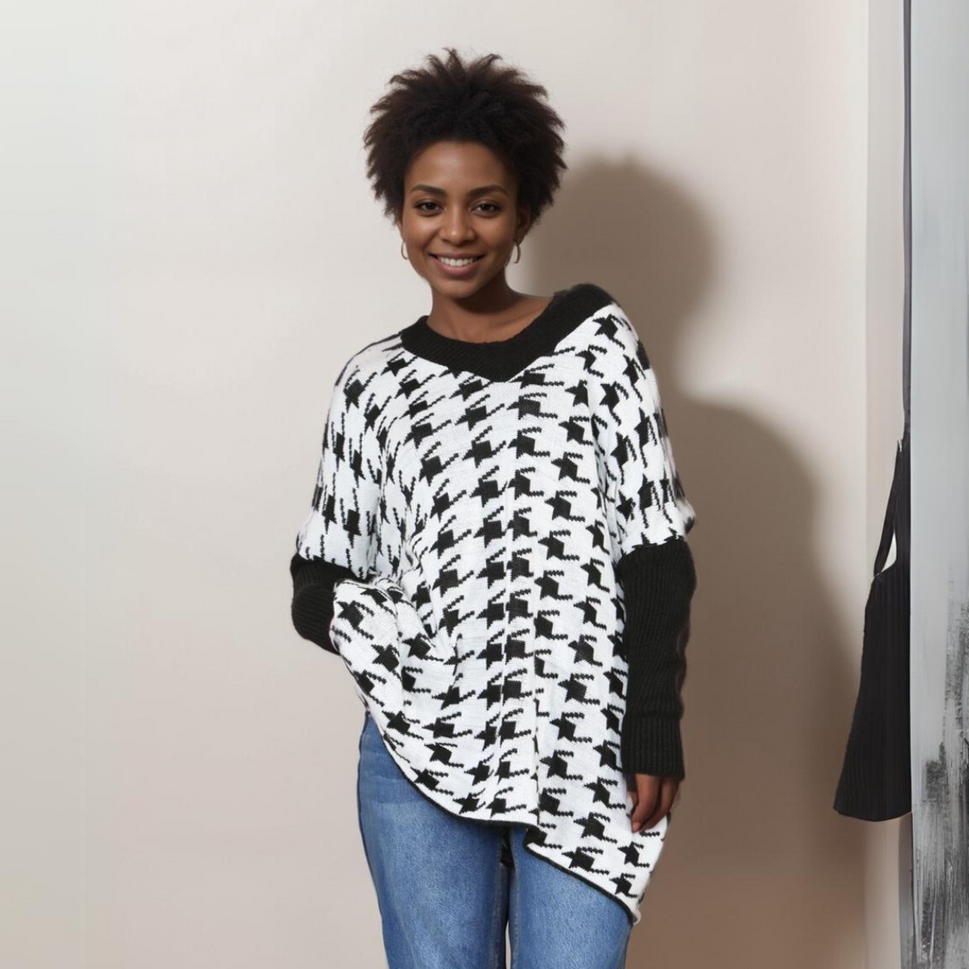 CHUNKY KNIT OVERSIZED V NECK LARGE DOGTOOTH JUMPER