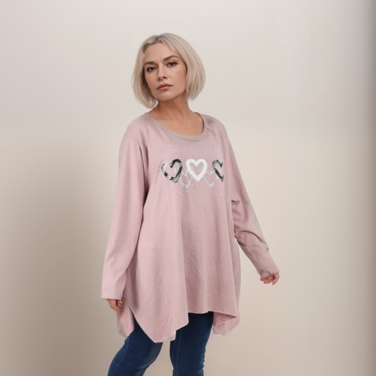 HANKY HEM LONG SLEEVE TOP WITH 5 SPARKLY HEARTS