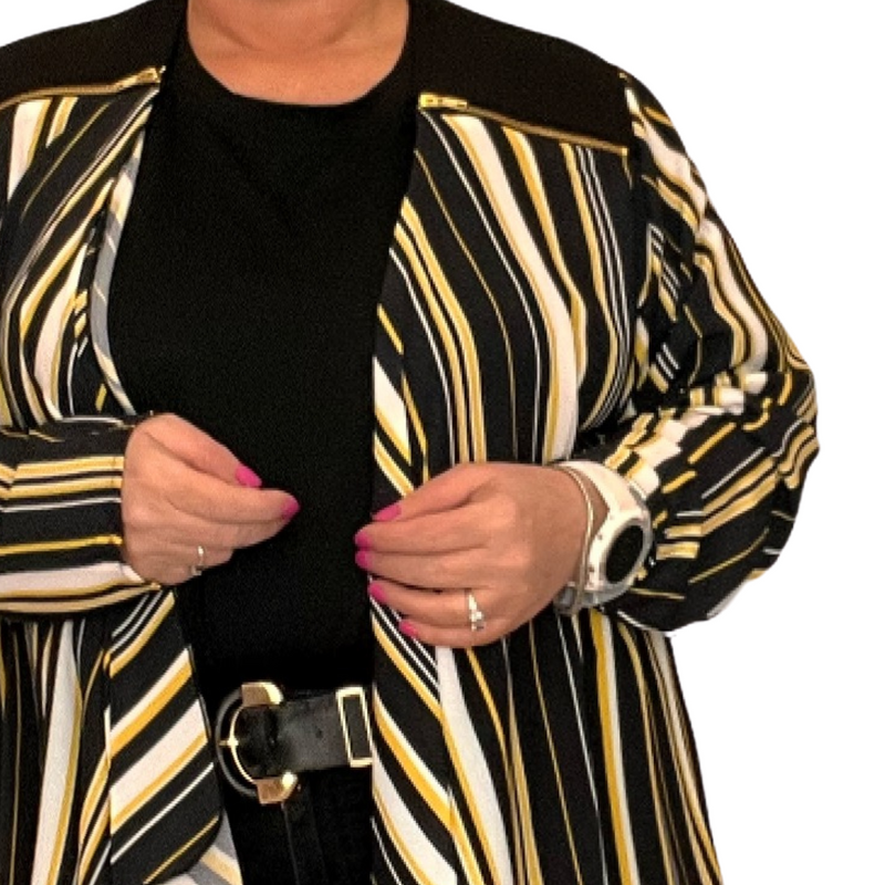 BLACK STRIPED WATERFALL JACKET WITH FEATURE ZIP SHOULDERS