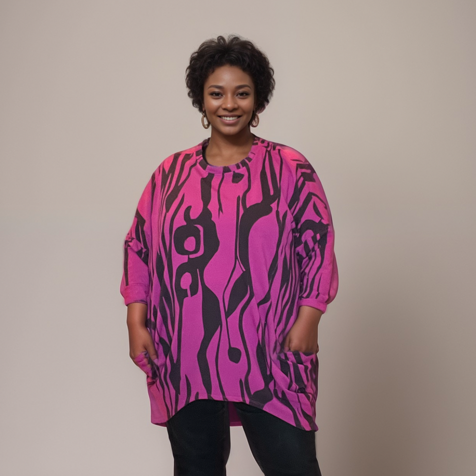 ABSTRACT LONG SLEEVE DIPPED HEM TOP WITH POCKETSFUCHSIA / UK 16-18