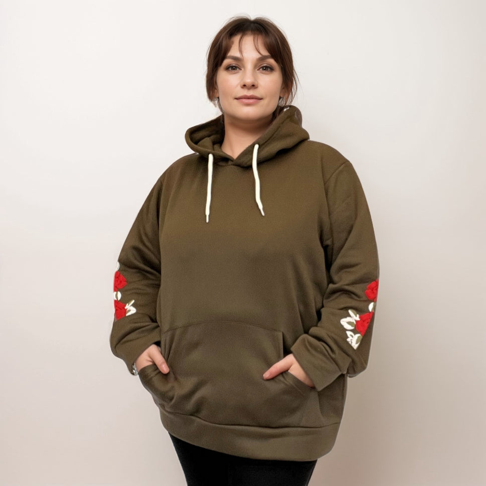 FLORAL SLEEVE POCKET FRONT HOODIE / JUMPERKHAKI / UK 12-14