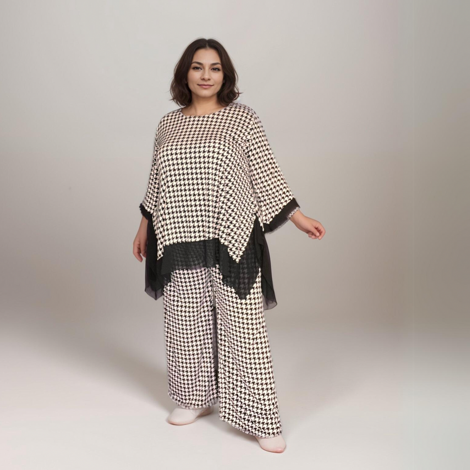 DOGTOOTH PRINT TWO PIECE OUTFIT SET WITH PALAZZO TROUSERS