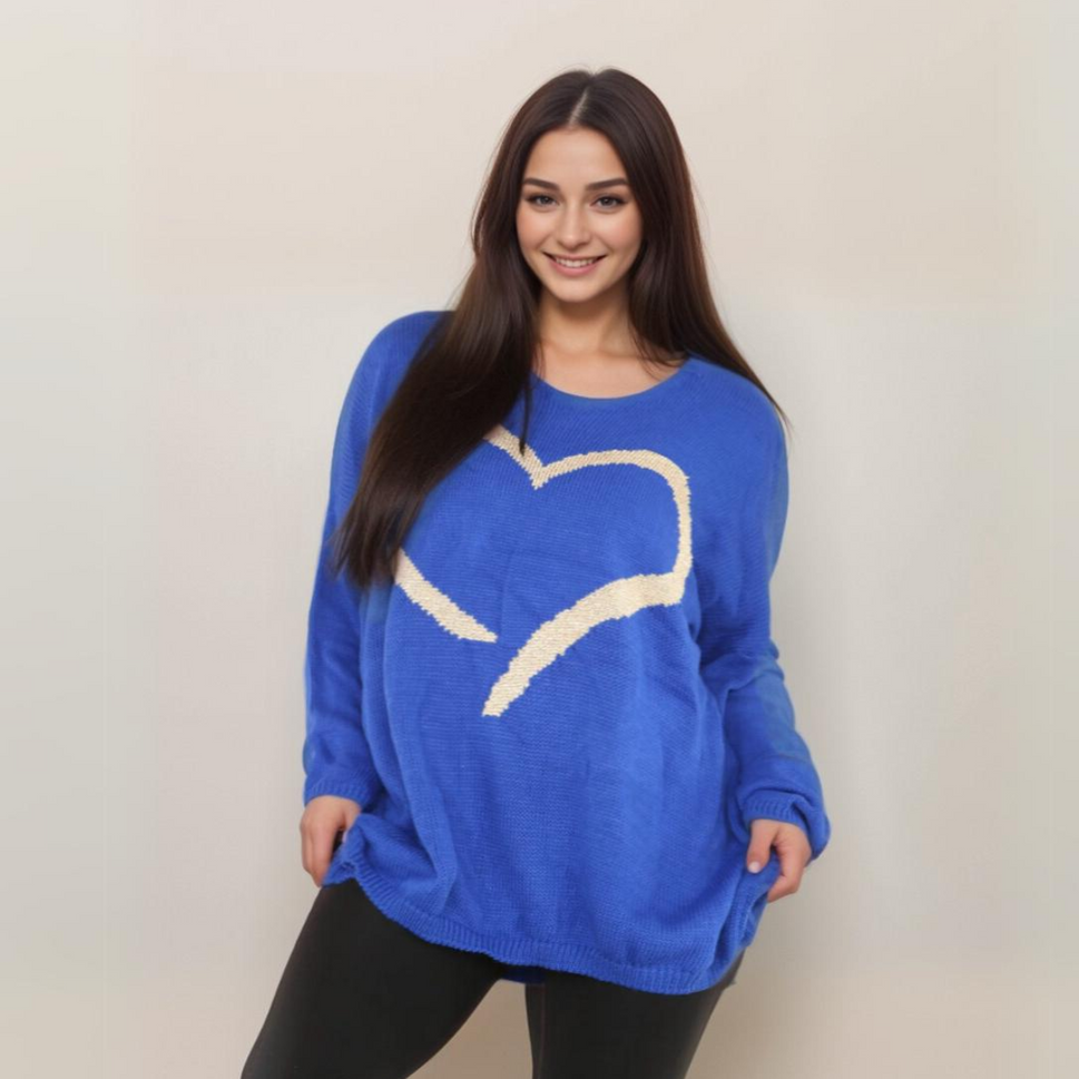 OVERSIZED V-NECK JUMPER WITH LARGE GOLD HEARTROYAL BLUE / UK 16-18