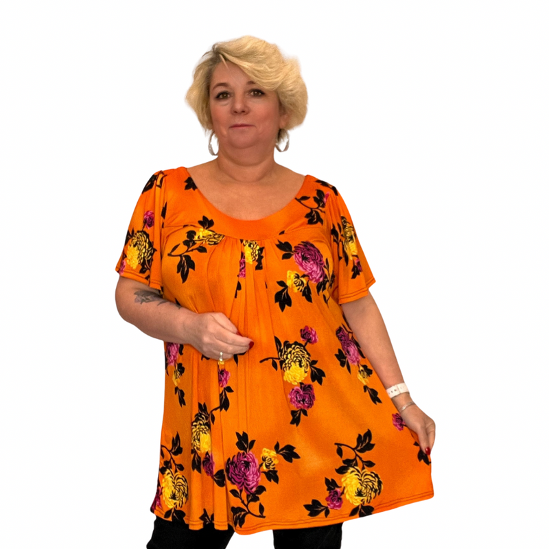 BRIGHT PEONY FLORAL SHORT SLEEVE SMOCK TOP A-LINE