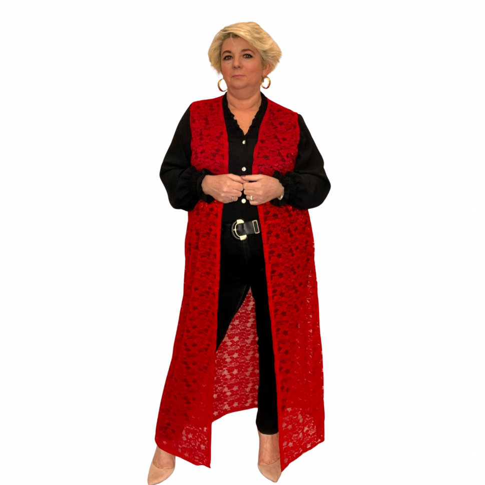 ROCKTHOSECURVES SLEEVELESS LACE OPEN FRONT DUSTER JACKETRed / UK 14