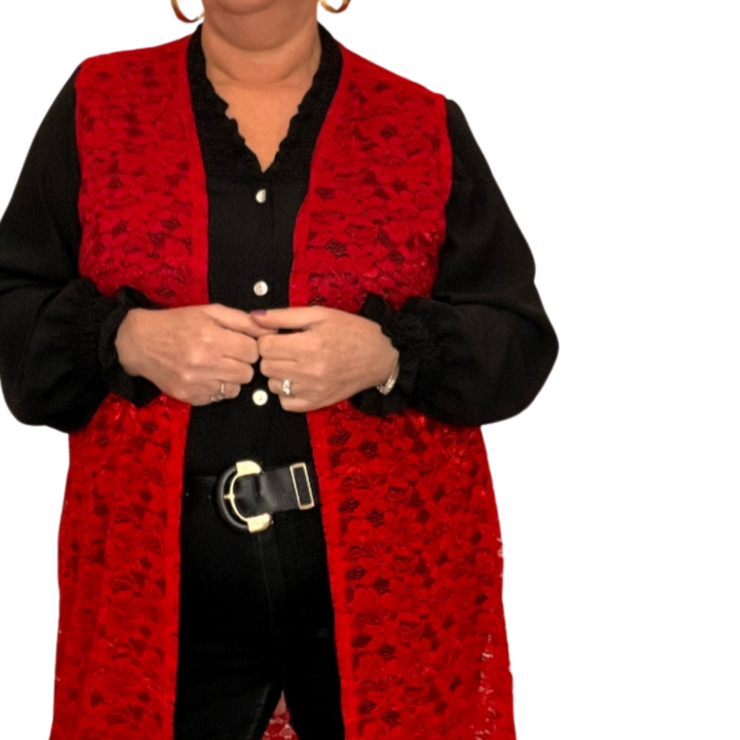 ROCKTHOSECURVES SLEEVELESS LACE OPEN FRONT DUSTER JACKET rockthosecurves