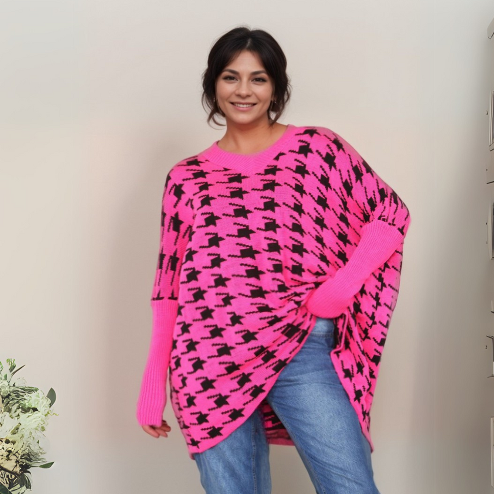 CHUNKY KNIT OVERSIZED V NECK LARGE DOGTOOTH JUMPERFUCHSIA BLACK / UK 16-18