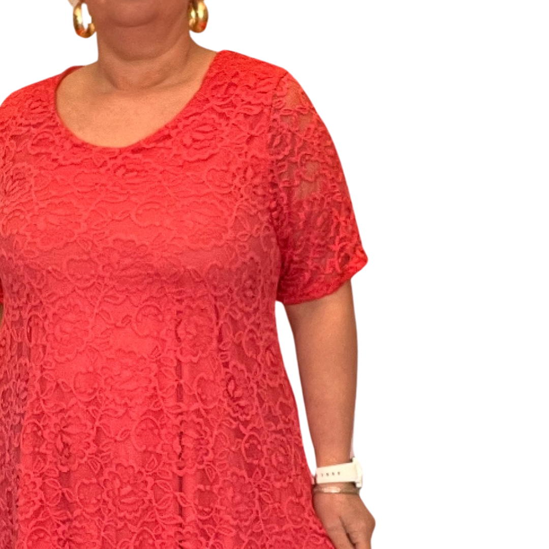 SHORT SLEEVE LACE FULLY LINED SWING DRESS