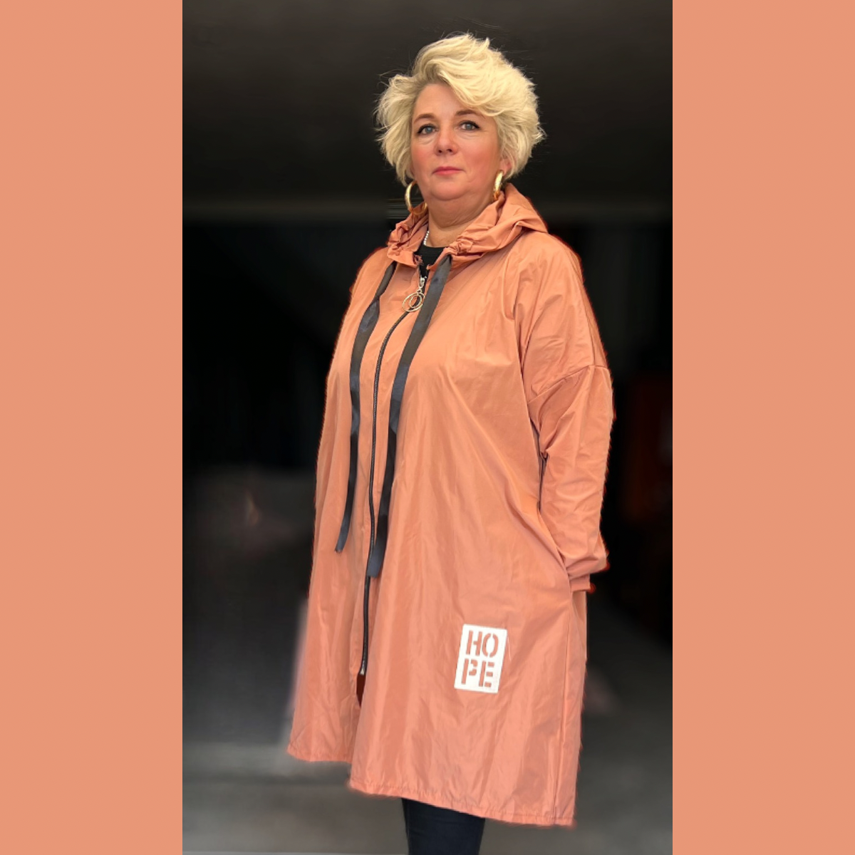 A-LINE LOOSE FITTING DIPPED HEM JACKET MAC / COAT WITH HOOD PLUS SIZE