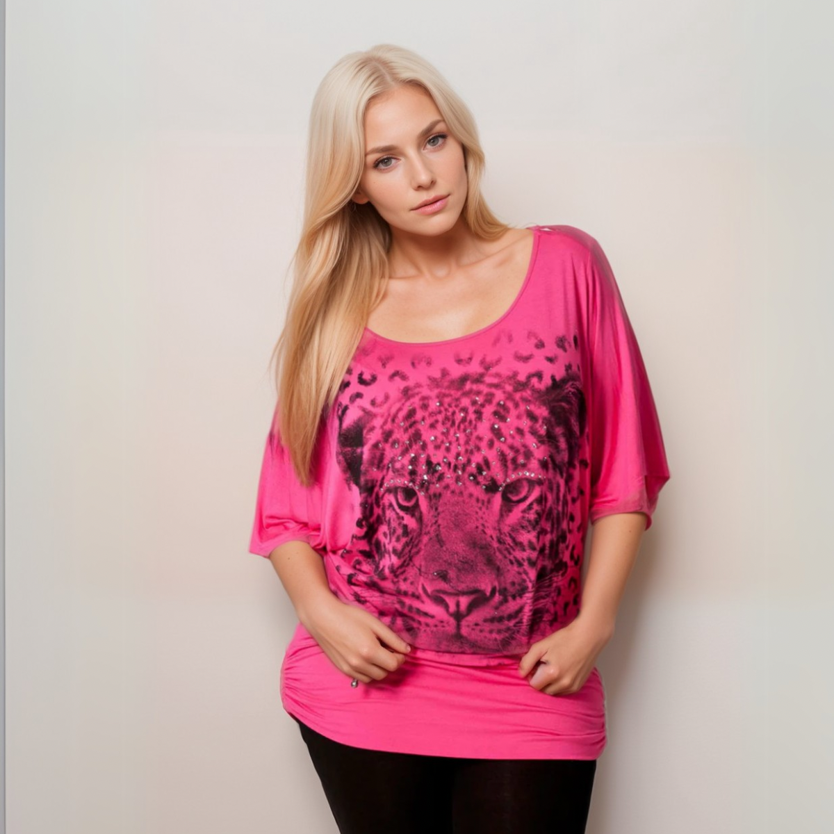 BATWING OVERSIZED TOP OFF SHOULDER SPARKLY LEOPARD PRINT