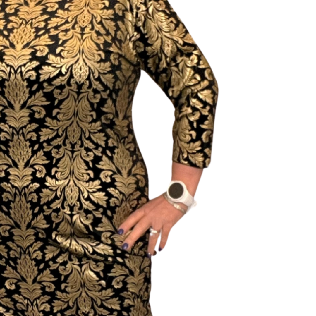 ROCKTHOSECURVES BLACK GOLD FOIL PRINT FITTED PARTY EVENING COCKTAIL DRESS