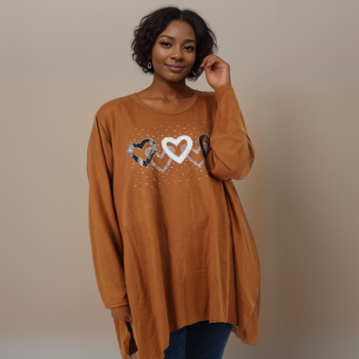 HANKY HEM LONG SLEEVE TOP WITH 5 SPARKLY HEARTS