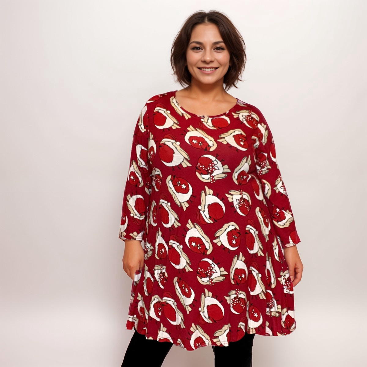 CHRISTMAS ROBINS PRINT LONG SLEEVE SWING TOP