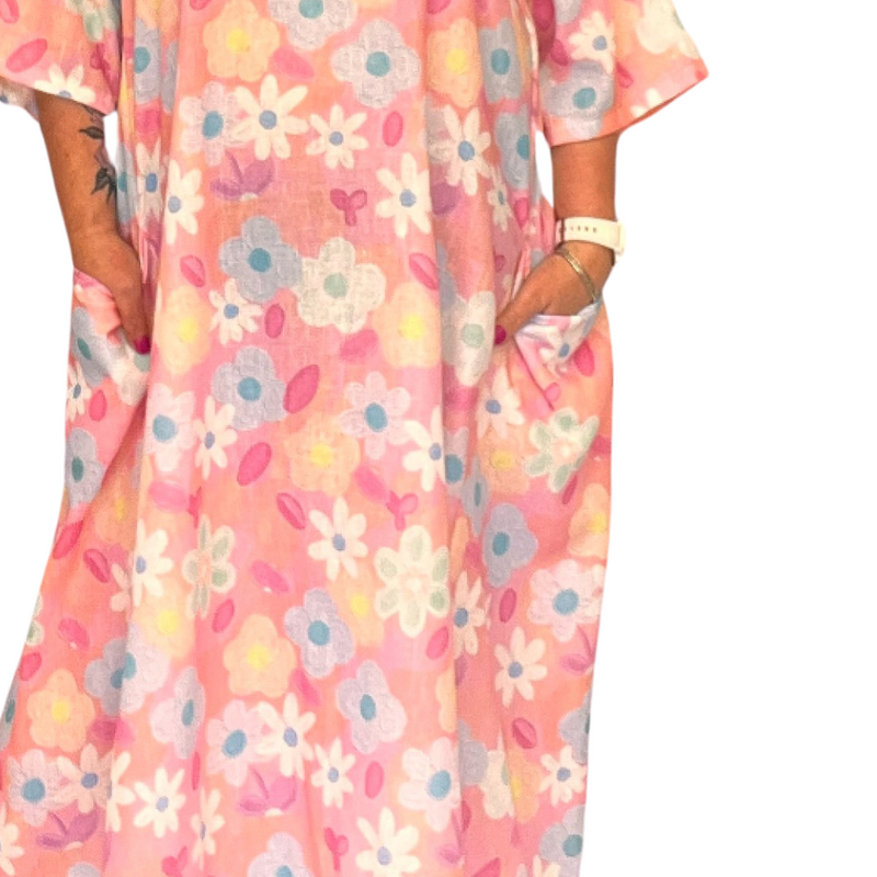 FLORAL LINEN LOOSE FITTING DRESS WITH POCKETS