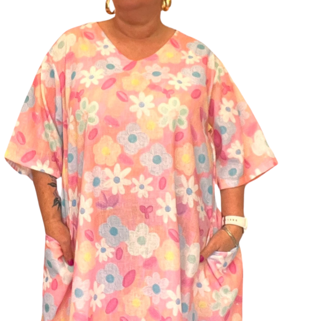 FLORAL LINEN LOOSE FITTING DRESS WITH POCKETS
