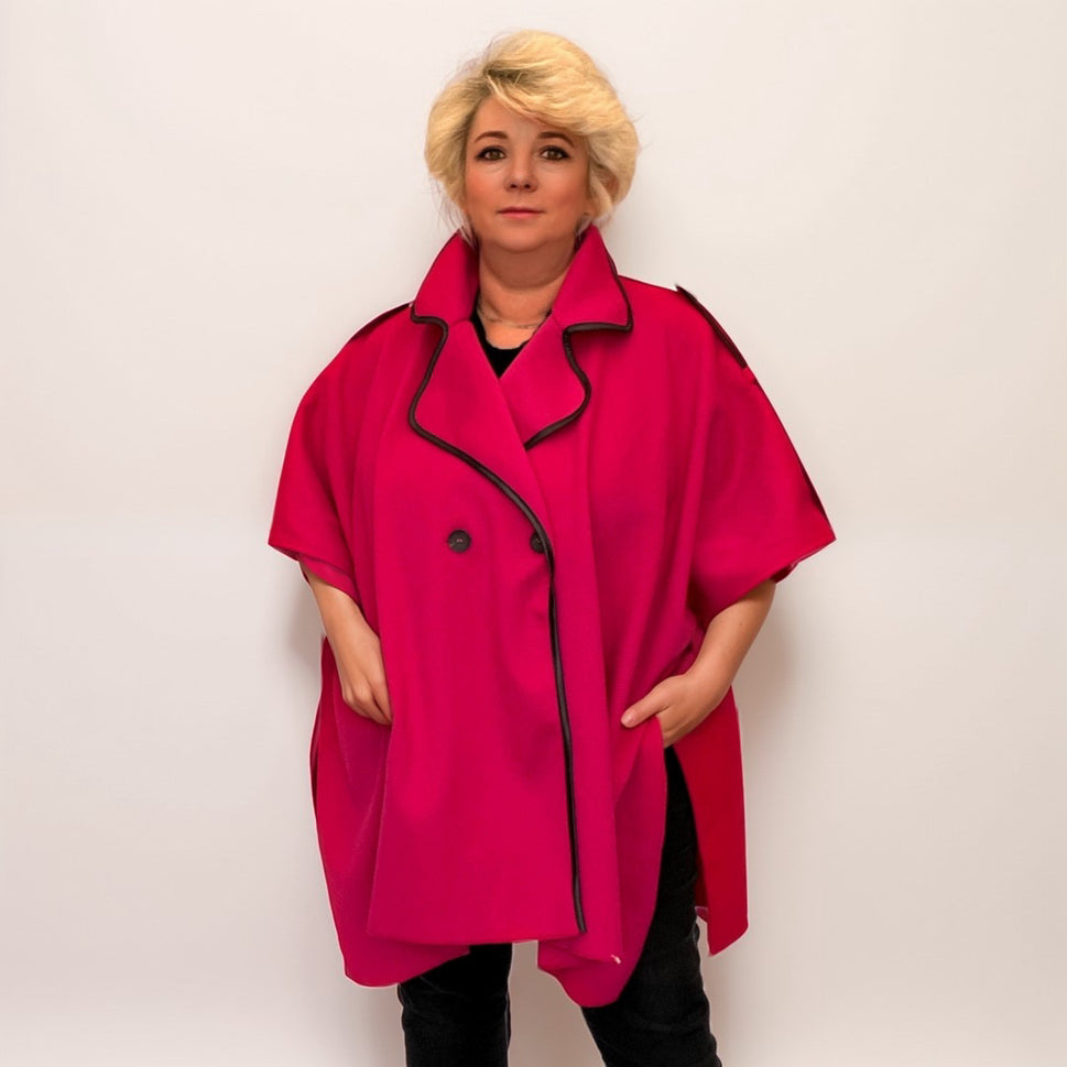 OVERSIZED CAPE COAT WITH CONTRASTING TRIM AND BUTTONS