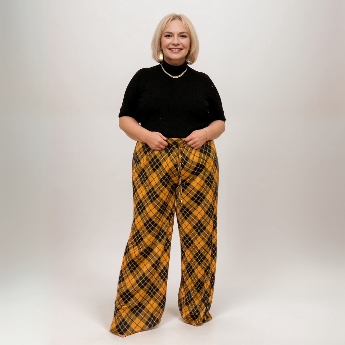 PLEATED CRINKLE ELASTIC WAIST CHECKED PALAZZO TROUSERS