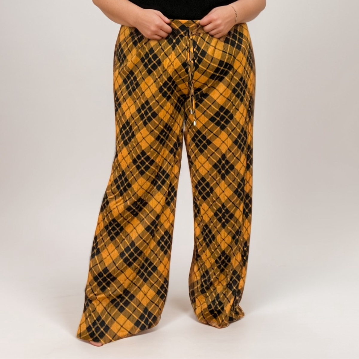 CRINKLE ELASTIC WAIST CHECKED PALAZZO TROUSERS