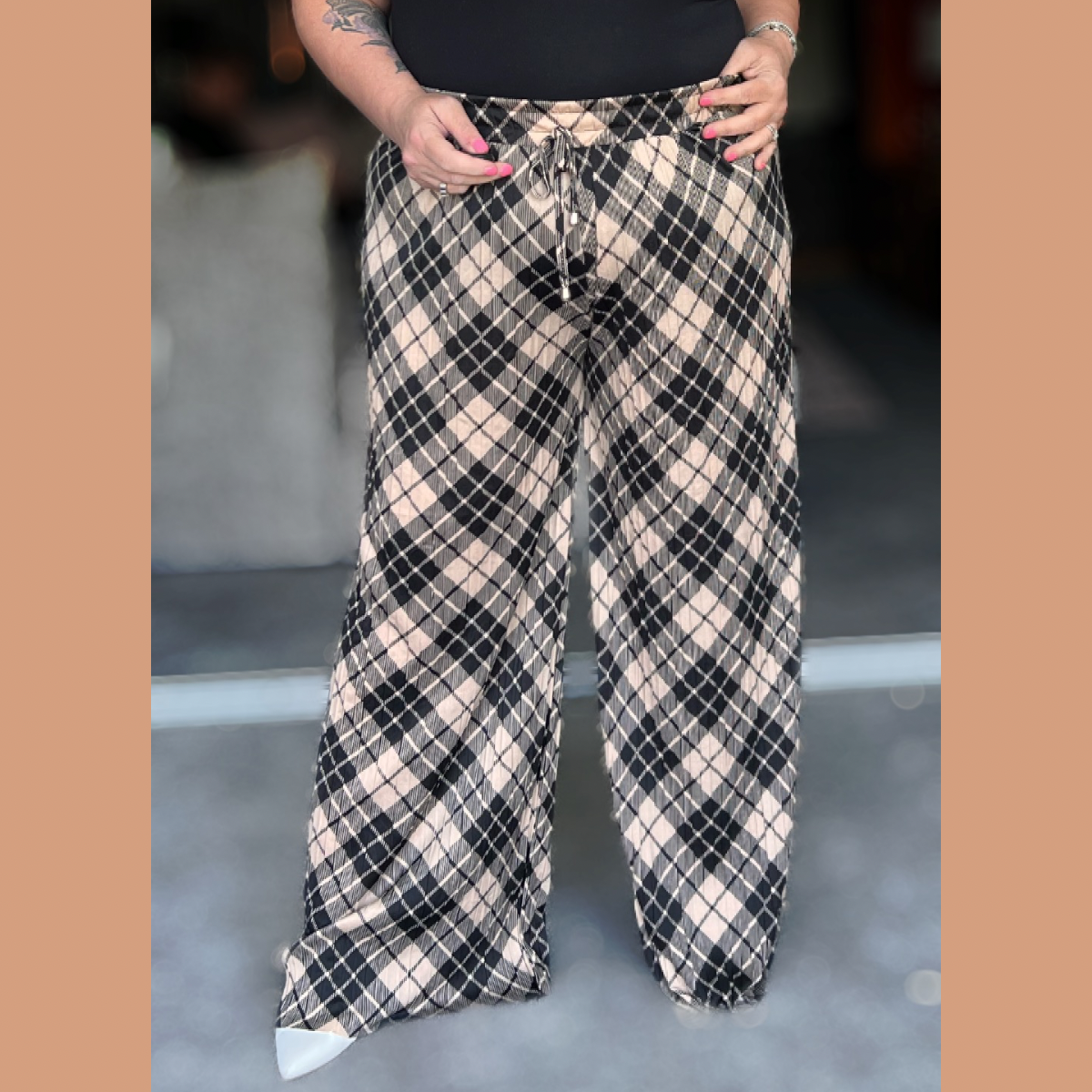 PLEATED CRINKLED CHECKED ELASTIC WAIST PALAZZO TROUSERS