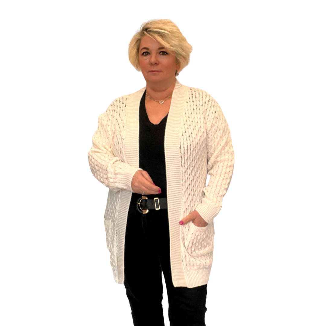 OPEN FRONT CABLE KNIT CARDIGAN WITH FRONT POCKETS