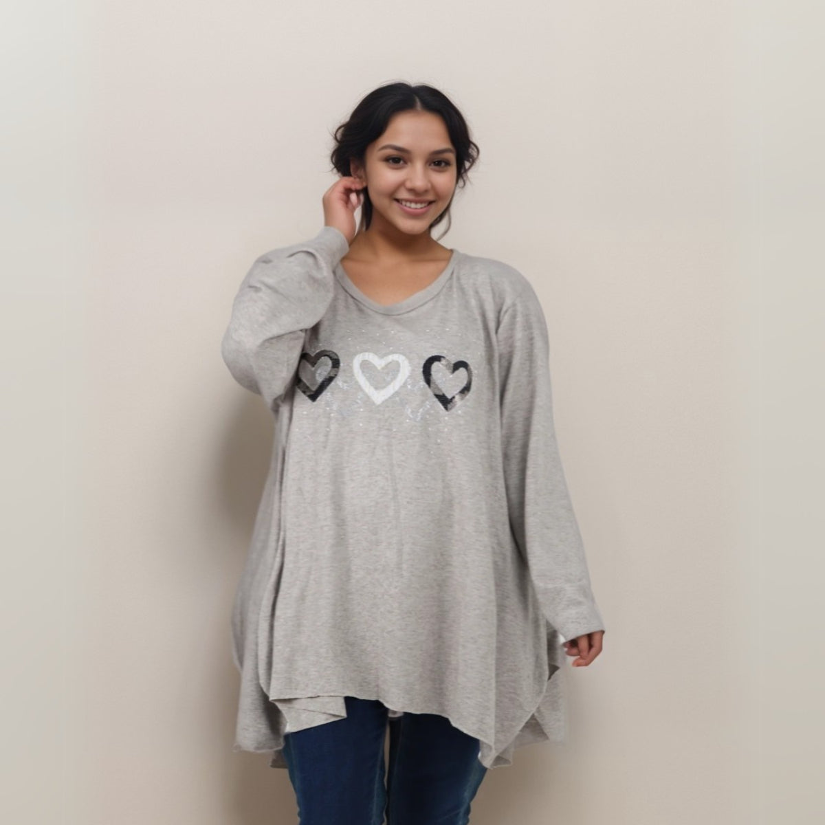 HANKY HEM LONG SLEEVE TOP WITH 5 SPARKLY HEARTS