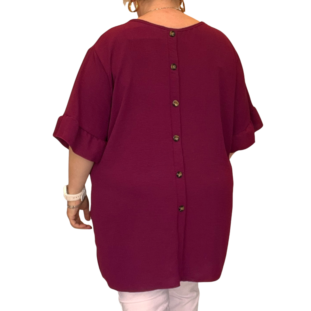 LOOSE FITTING SHORT SLEEVE BLOUSE WITH BACK BUTTONS