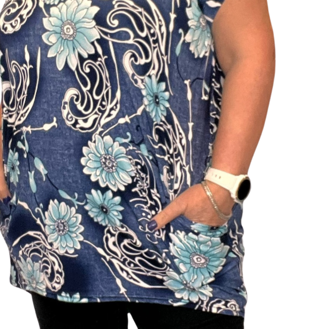 BLUE TURQUOISE DIPPED HEM CAP SLEEVE TOP / T-SHIRT WITH SIDE POCKETS