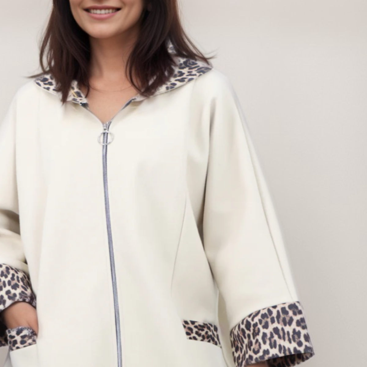 LEOPARD PANEL ZIP UP COAT WITH POCKETS