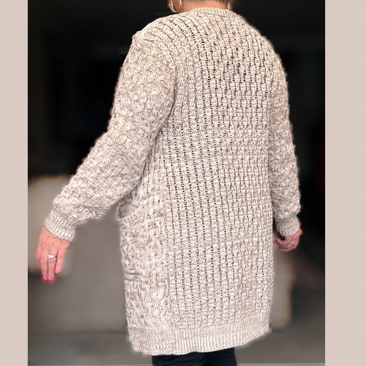 LONG CABLE KNIT OPEN FRONT CARDIGAN + POCKETS