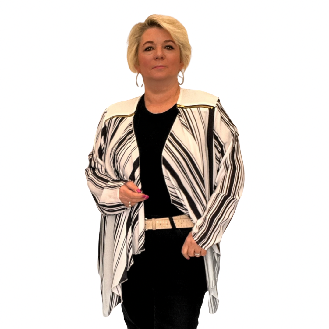BLACK WHITE STRIPED WATERFALL JACKET WITH FEATURE ZIP SHOULDERS