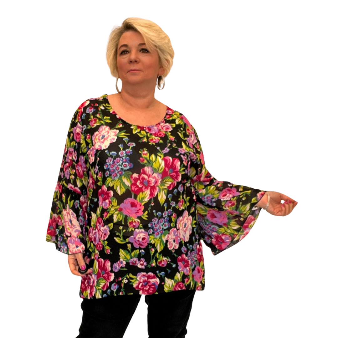 FLORAL CHIFFON BLOUSE WITH BELL SLEEVES