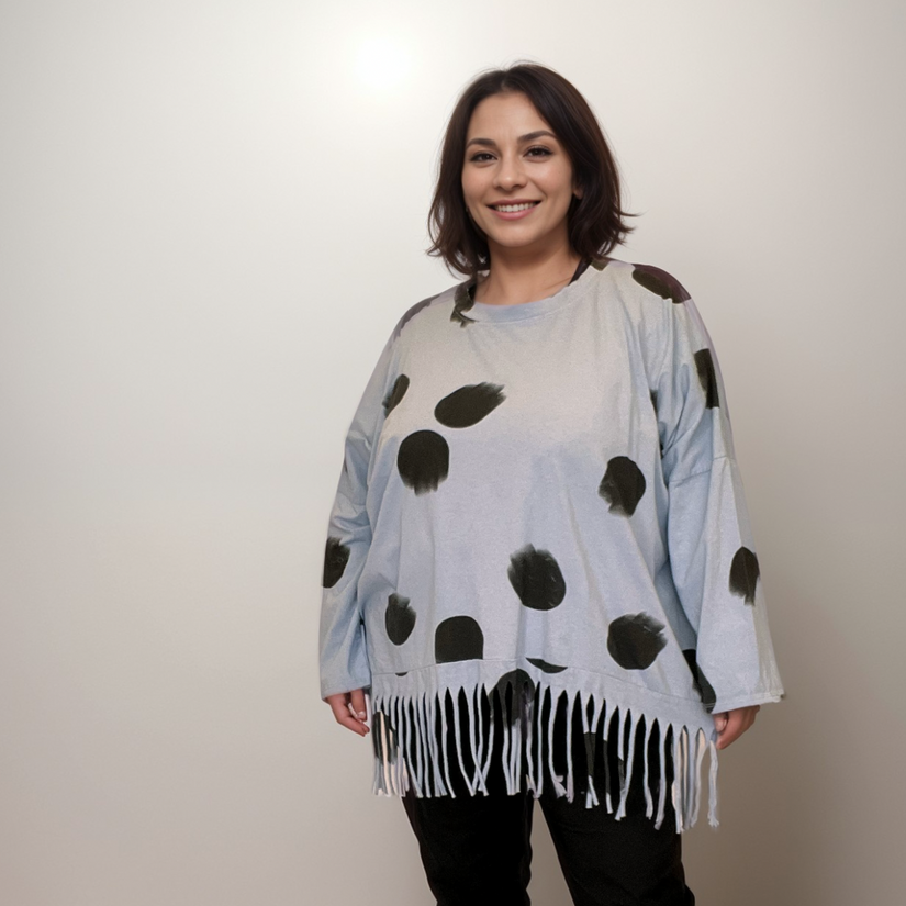 BLUE LARGE SPOT TOP WITH TASSEL HEM