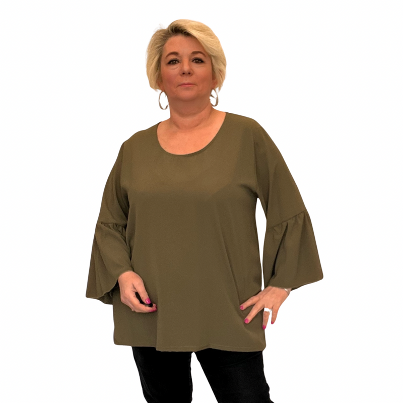 PLAIN STRAIGHT CUT ROUND NECK BLOUSE WITH BELL SLEEVES