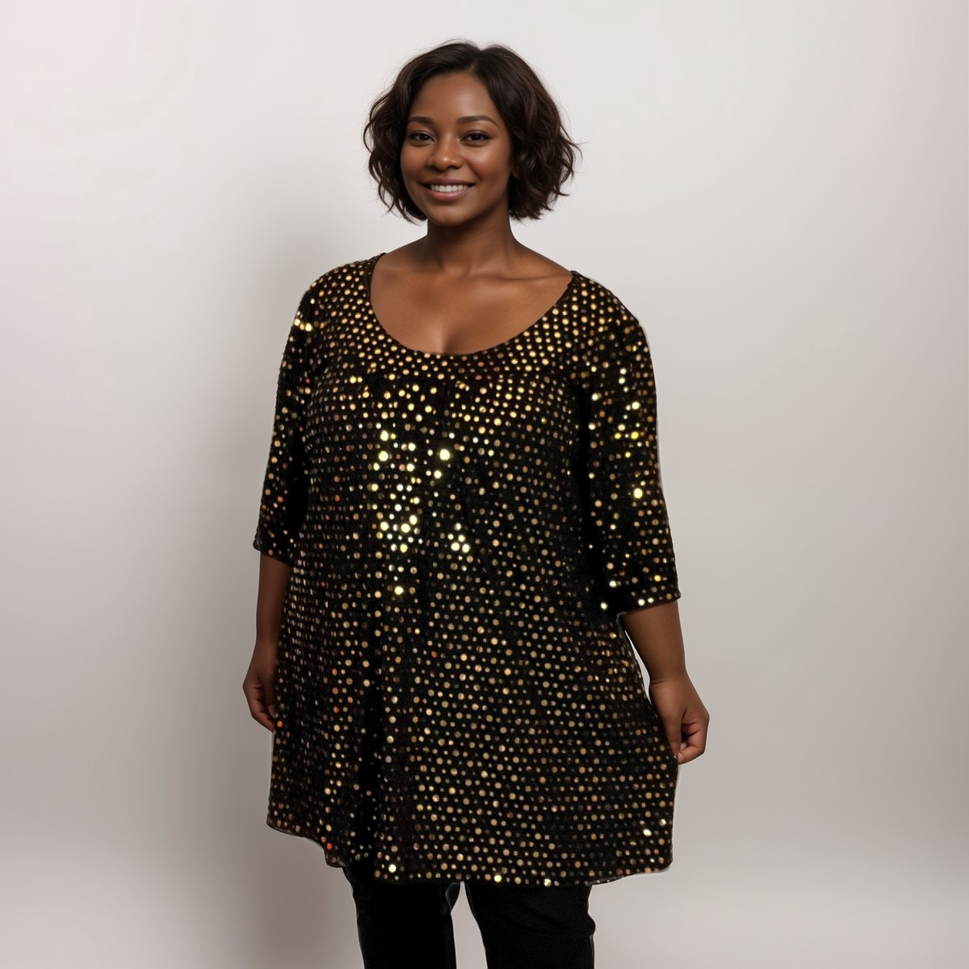 BLACK SEQUIN COVERED SHORT SLEEVE SMOCK TOP