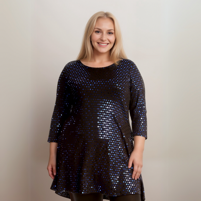 FOIL SEQUIN 3/4 SLEEVE SWING TOP PARTY STYLE