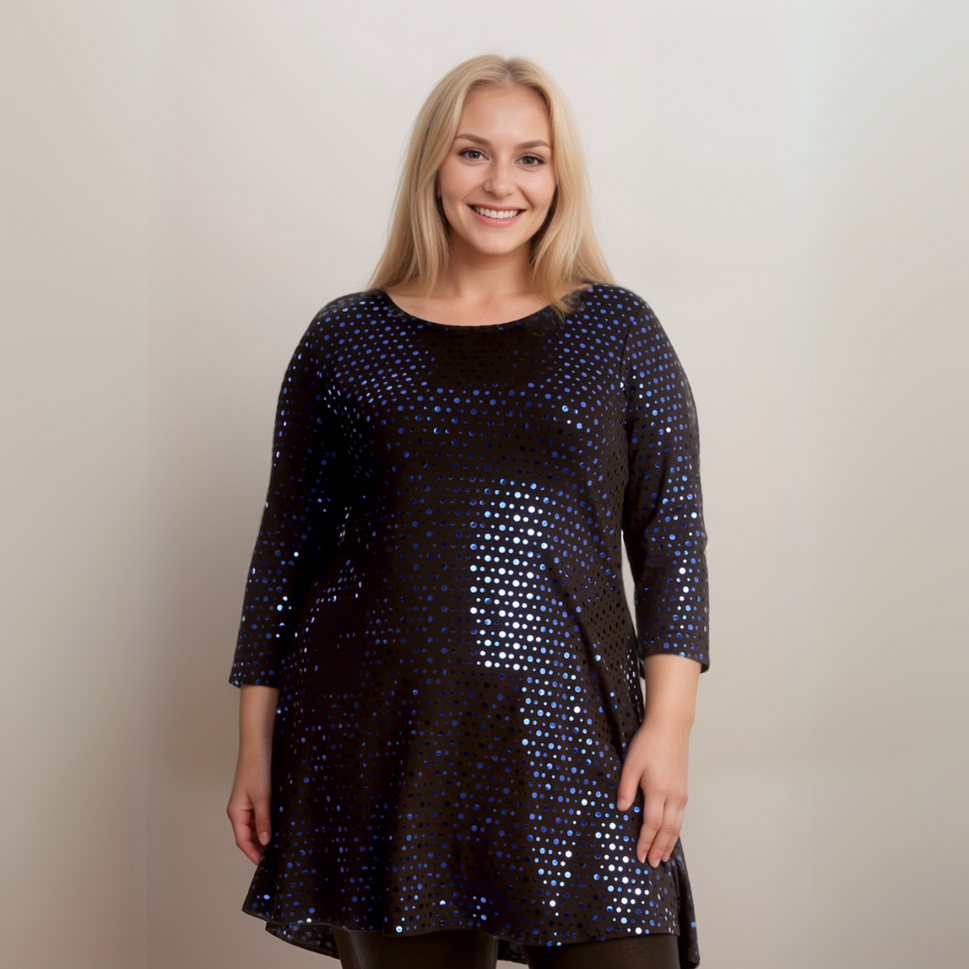 FOIL SEQUIN 3/4 SLEEVE SWING TOP PARTY STYLEBLUE / UK 14