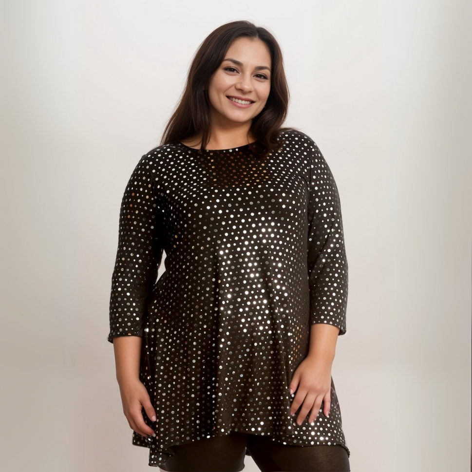 FOIL SEQUIN 3/4 SLEEVE SWING TOP PARTY STYLESILVER / UK 14