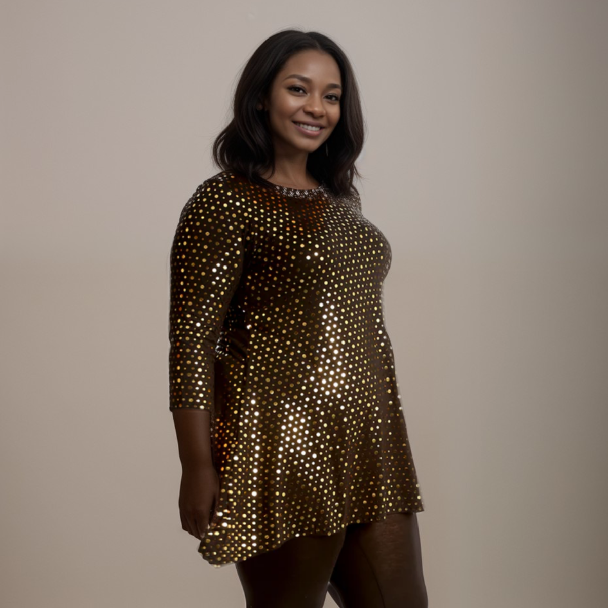 FOIL SEQUIN 3/4 SLEEVE SWING TOP PARTY STYLE