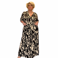GEO PRINT STRETCHY BELL SLEEVE CALF LENGTH DRESS WITH MOCK WRAP TOP