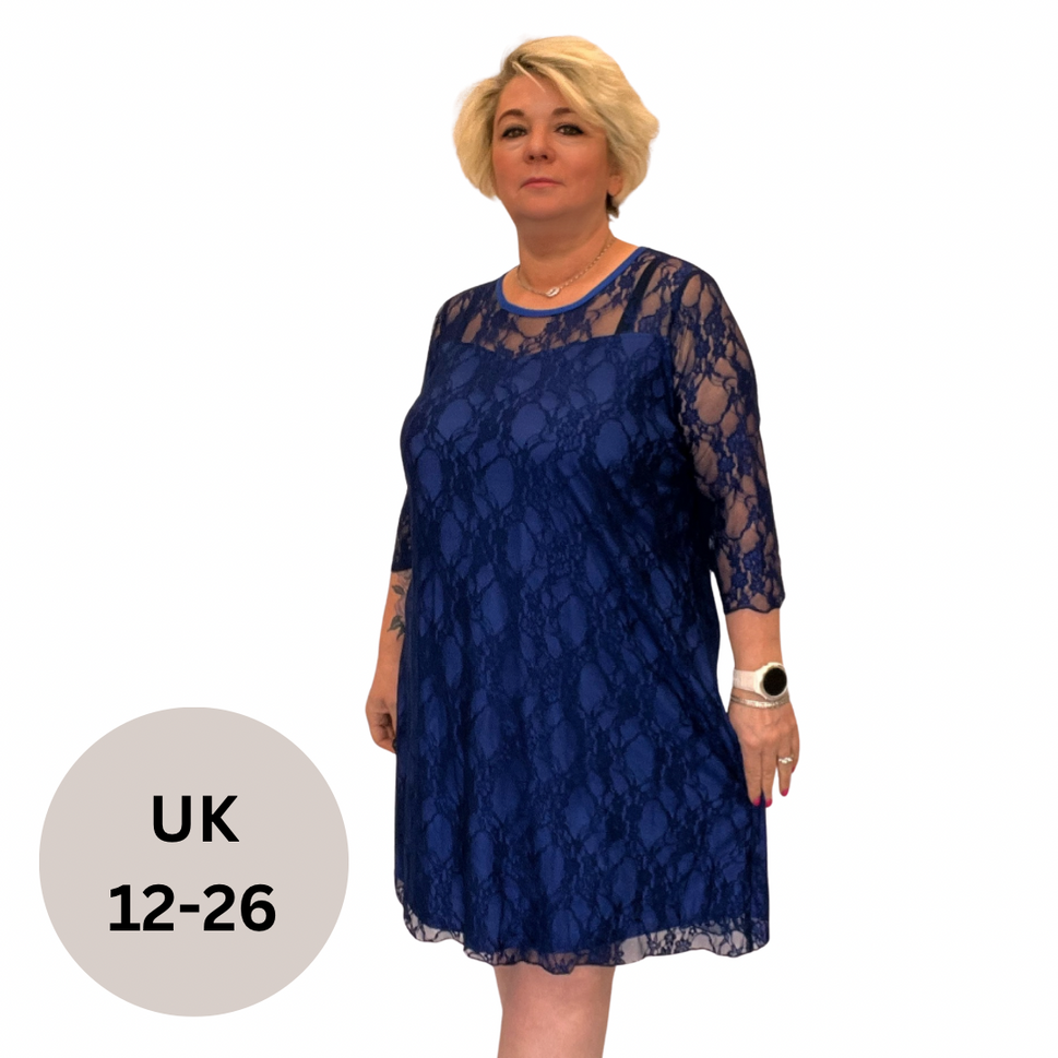 FINE LACE 3/4 SLEEVE SWING DRESS WITH SWEETHEART NECKLINERoyal Blue / UK 12-14