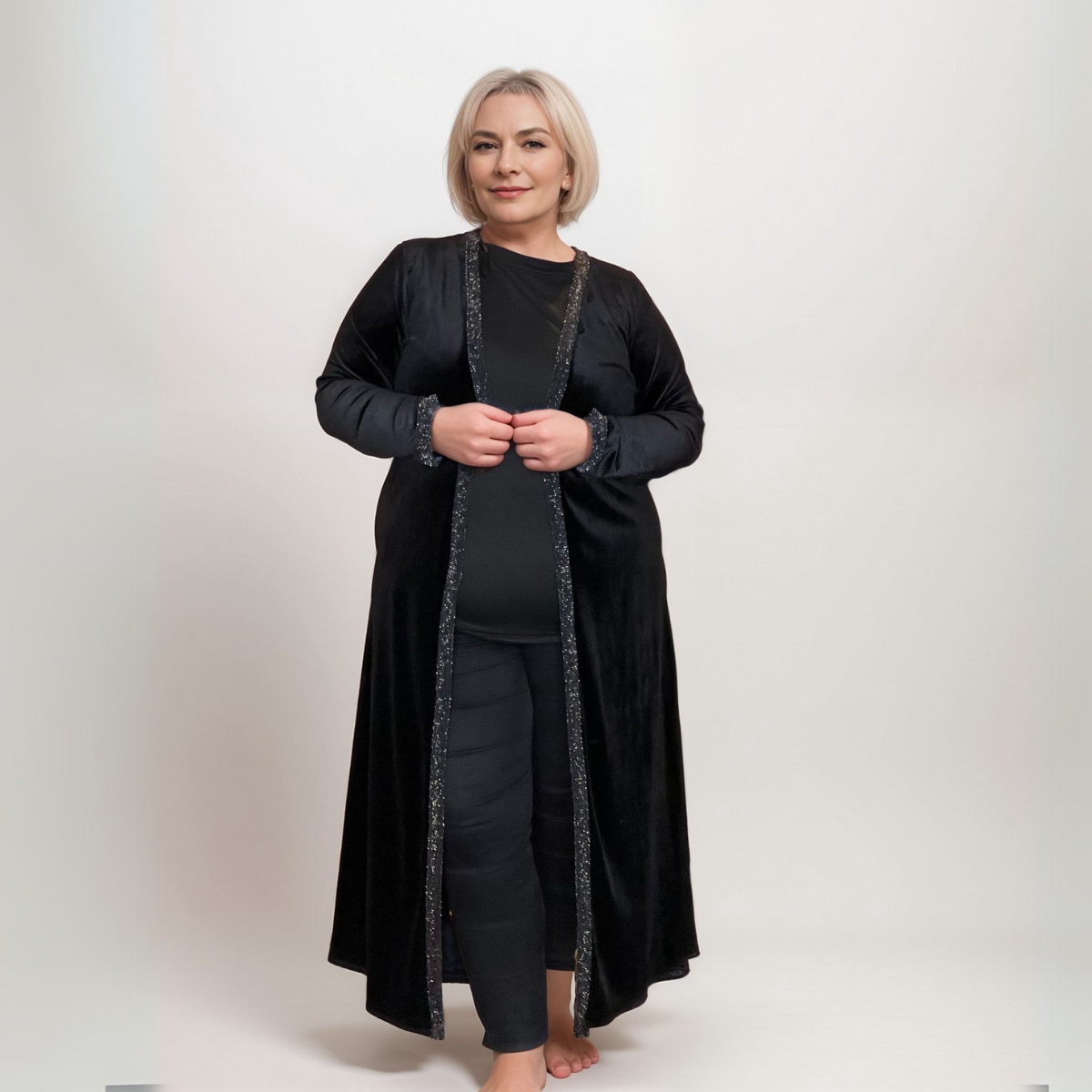 VELVET DUSTER JACKET WITH SHIMMER EDGING