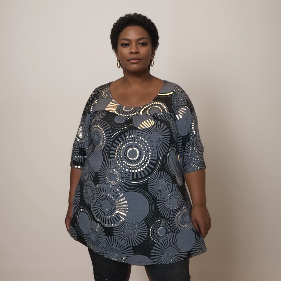 BLACK METALLIC PRINT SMOCK TOP