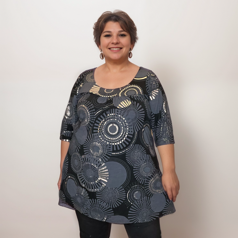 BLACK METALLIC PRINT SMOCK TOP