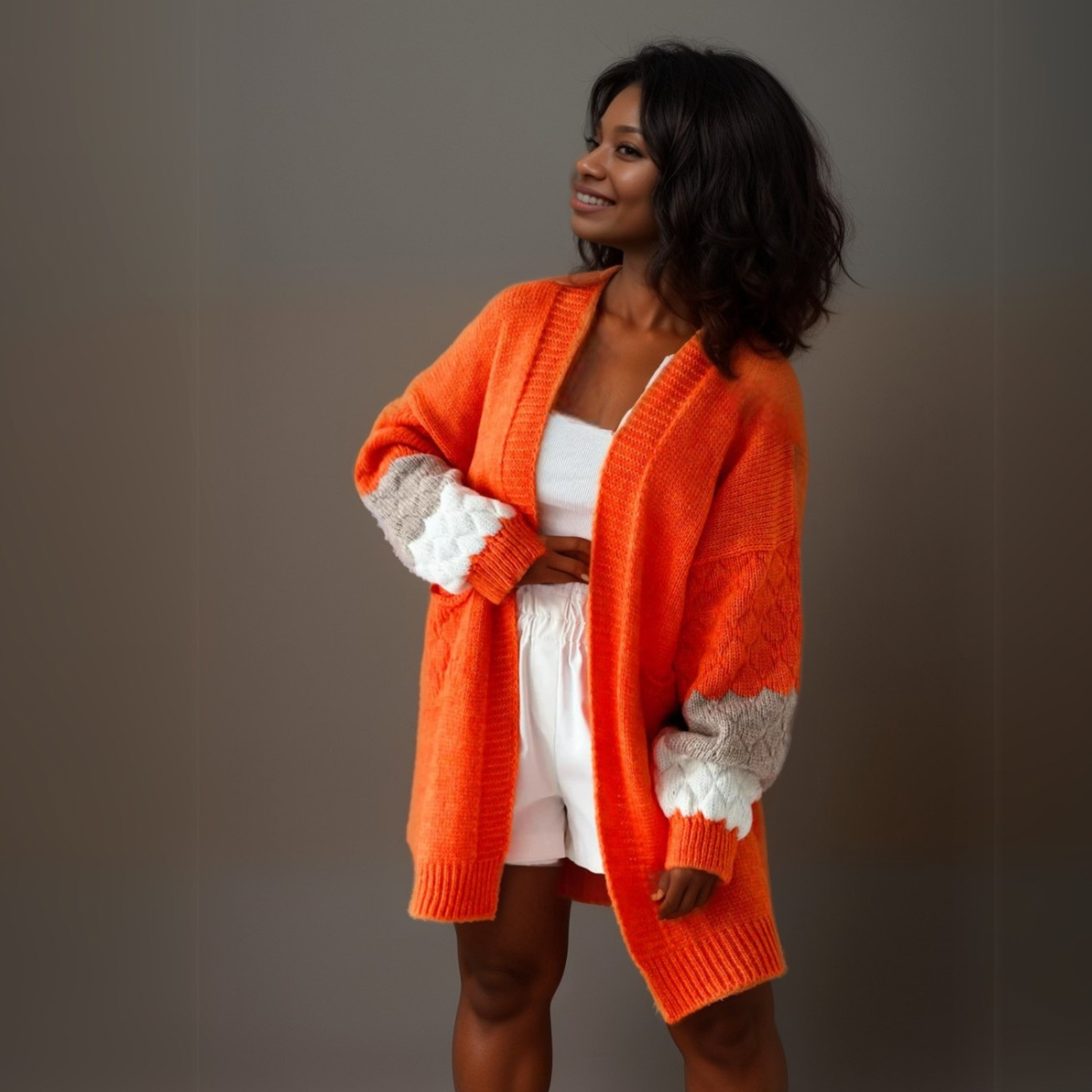 ORANGE LONG CARDIGAN WITH FEATURE SLEEVES