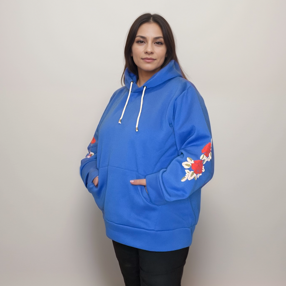 FLORAL SLEEVE POCKET FRONT HOODIE / JUMPERBLUE / UK 12-14