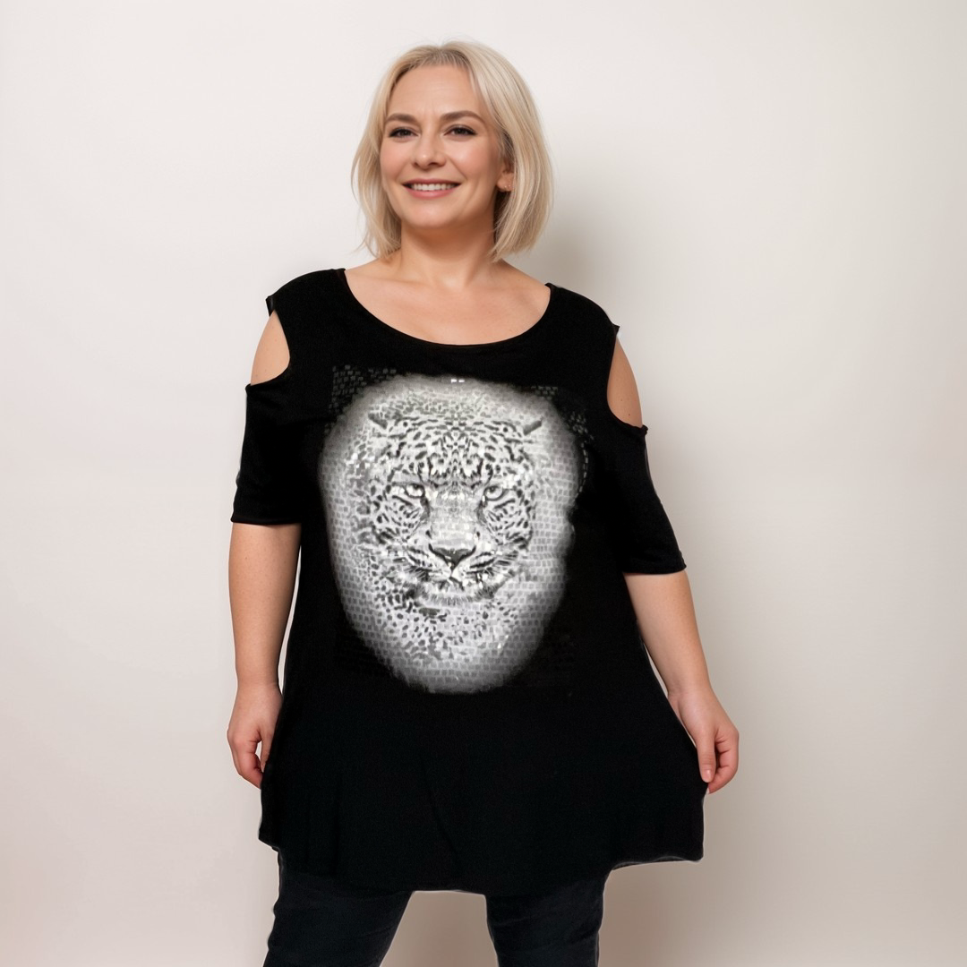 COLD SHOULDER A-LINE SEQUIN LEOPARD TOP