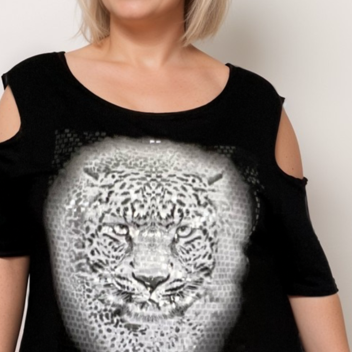 COLD SHOULDER A-LINE SEQUIN LEOPARD TOP