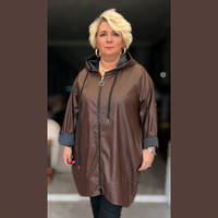 FAUX LEATHER LONG LENGTH DIPPED HEM COAT WITH HOOD