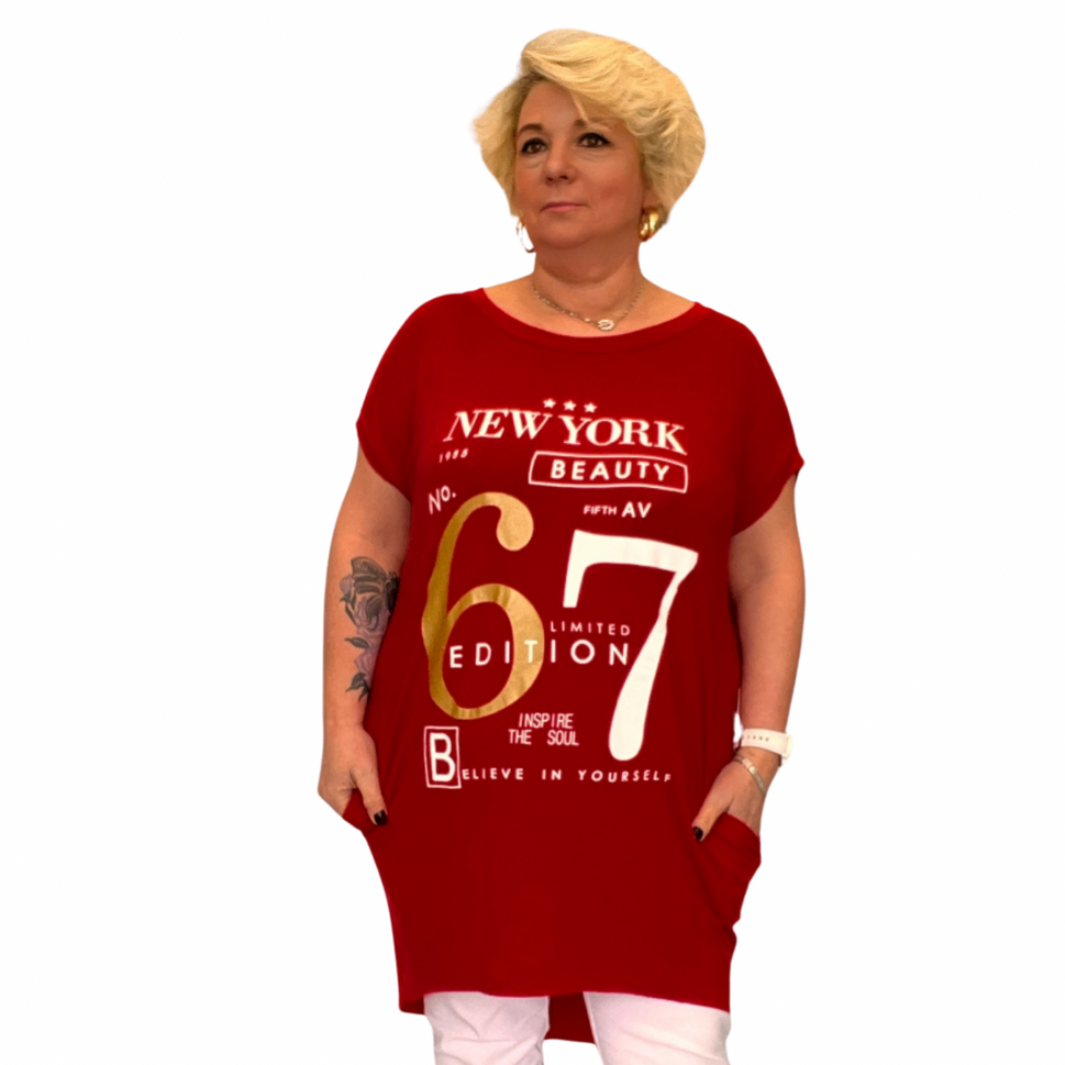 NEW YORK 67 LONG DIPPED HEM T-SHIRT POCKETSRED / UK 16-18