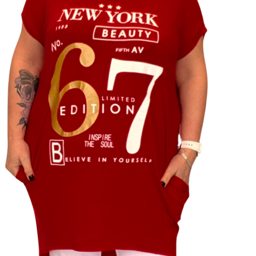 NEW YORK 67 LONG DIPPED HEM T-SHIRT POCKETS